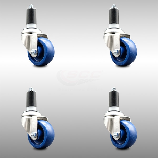 3 Inch 316SS Solid Polyurethane Swivel 1-3/8 Inch Expanding Stem Caster Set SCC